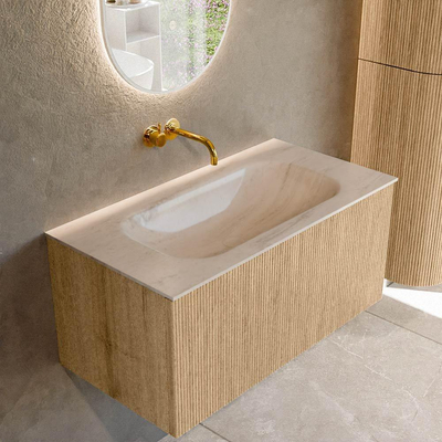 MONDIAZ KURVE-DLUX 90cm badmeubel kleur Oak met 1 lade en 0 deuren. Wastafel BIG SMALL Midden zonder kraangat Meli.