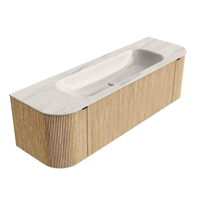 MONDIAZ KURVE-DLUX 150cm badmeubel ronding Links + Rechts kleur Oak met 1 lade en 2 deuren. Wastafel BIG MEDIUM Midden 1 kraangat Meli.