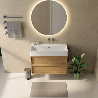 Saniclass Holz Frame Ensemble meuble de salle de bains - 100x45x72cm - Legend lavabo en céramique blanc - 1 vasque - sans trou de robinet - 2 tiroirs - chêne natural mat (bois)