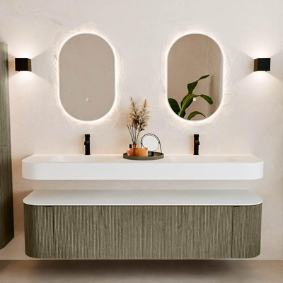 MONDIAZ THOR 180cm meuble de salle de bains arrondi gauche + droite couleur Shadow avec 2 tiroirs et 2 portes. Vasque suspendue CLOUD Double 2 trous de robinet couleur Talc.