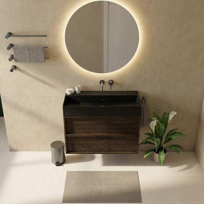 Saniclass Holz Frame Ensemble meuble de salle de bains - 100x45x72cm - Legend lavabo en céramique noir mat - 1 vasque - sans trou de robinetterie - 2 tiroirs - chêne charcoal mat (bois)