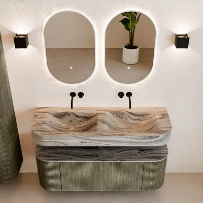 MONDIAZ THOR-DLUX 130cm badmeubel ronding links + rechts kleur Shadow met 1 lade en 2 deuren. Vrijhangende wastafel CLOUD Dubbel zonder kraangat kleur Sombra.