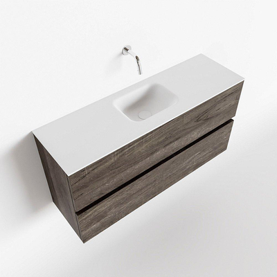 MONDIAZ ADA Meuble WC - 100x30x50cm - 0 trous de robinet - 2 tiroirs - brun foncé mat - lavabo au milieu - Solid surface - Blanc