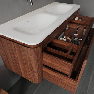 Saniclass Terra Ensemble meuble de salle de bain - 120x42x45,5 cm - lavabo en surface solide blanc mat - 2 vasques - 2 tiroirs - Châtaignier (noyer)