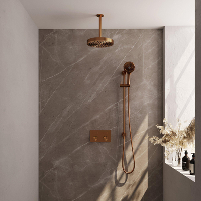 BRAUER Stripe Douche de pluie thermostatique encastrée - boutons-poussoirs - pomme de douche 25cm - bras de plafond - douchette 3 positions - flexible de douche - barre coulissante intégrée - cuivre brossé PVD