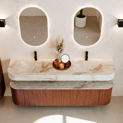 MONDIAZ THOR-DLUX 180cm meuble de salle de bains arrondi gauche + droite couleur Ruby avec 2 tiroirs et 2 portes. Vasque suspendue CLOUD Double 2 trous de robinet couleur Frappe.