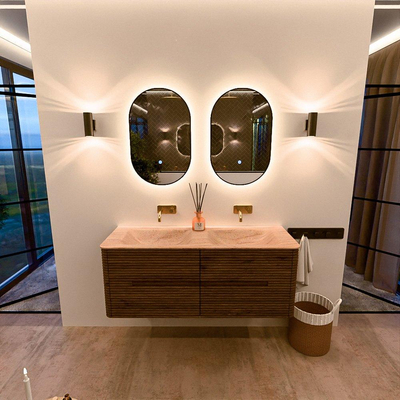 Mondiaz CIRO-DLUX Meuble de salle de bains - 130x45x50cm - Plan vasque Solid surface Saba - 2 vasques Double - sans trous de robinet - 4 tiroirs - Dusk