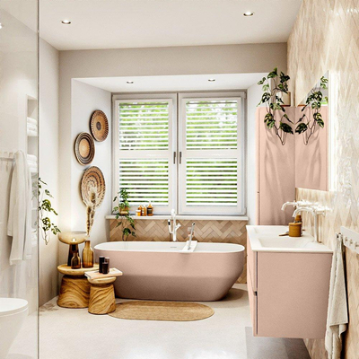 Mondiaz VICA ensemble de meuble de salle de bain - 140cm - meuble sous-vasque rosee - 4 tiroirs - lavabo cloud double - 2 trous de robinet - version haute de 60cm - talc
