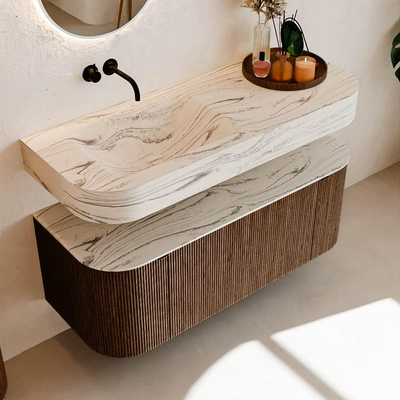 MONDIAZ THOR-DLUX 120cm badmeubel ronding links + rechts kleur Walnut met 1 lade en 2 deuren. Vrijhangende wastafel CLOUD Links zonder kraangat kleur Nata.