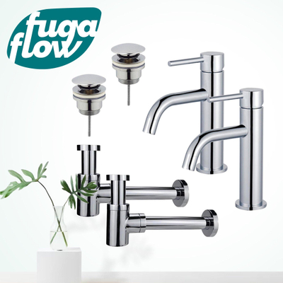 FugaFlow Eccelente Sobrado Slim Kit robinet lavabo - pour double vasque - robinet bas - bonde clic clac - siphon design bas - Chrome brillant