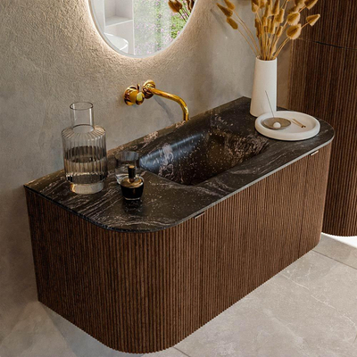 MONDIAZ KURVE-DLUX 100cm badmeubel met module 25 Len R kleur Walnut met 1 lade en 2 deuren. Wastafel GRUNNE midden zonder kraangat kleur Lava.
