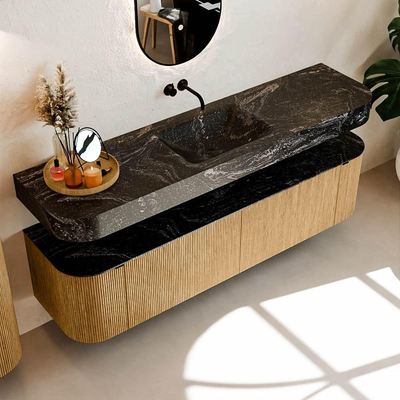 MONDIAZ THOR-DLUX 180cm meuble de salle de bains arrondi gauche + droite couleur Oak avec 2 tiroirs et 2 portes. Vasque suspendue CLOUD Milieu sans trou de robinet couleur Lava.