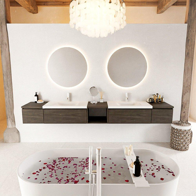 MONDIAZ BUKLA 280cm ensemble de meuble avec module ouvert 40 au milieu couleur Marron Foncé avec 4 tiroirs. Lavabo CLOUD double 2 trous de robinet couleur Talc.