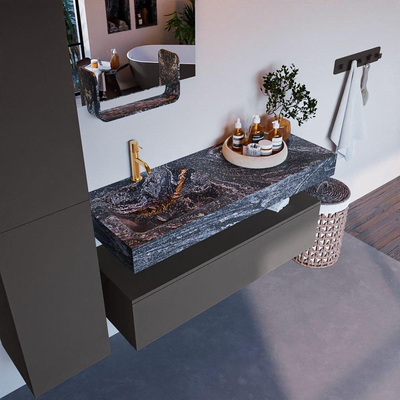 Mondiaz ALAN-DLUX Ensemble de meuble - 120cm - meuble Dark grey mat - 1 tiroir - Lavabo Cloud Lava suspendu - vasque Gauche - 1 trou de robinet