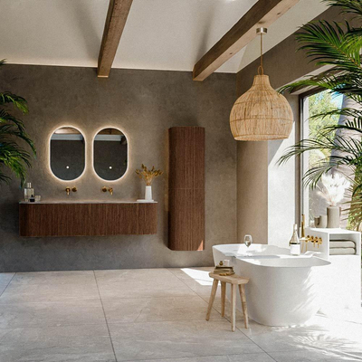 MONDIAZ KURVE-DLUX Meuble de salle de bains 170cm arrondi Gauche + Droite couleur Walnut avec 1 tiroir et 2 portes. Lavabo BIG LARGE Central sans trou de robinet Sombra.