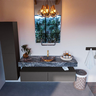 Mondiaz ALAN-DLUX Ensemble de meuble - 150cm - meuble Dark grey mat - 2 tiroirs - Lavabo Cloud Lava suspendu - vasque Centre - 1 trou de robinet