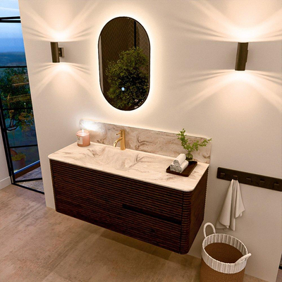Mondiaz CIRO-DLUX Badkamermeubelset - 120x45x50cm - Solid surface wastafel Frappe - 1 wasbak Links - 1 kraangat - 2 lades - Walnut