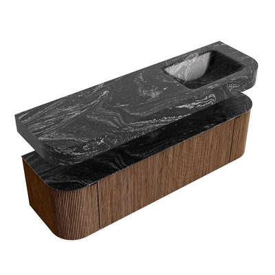 MONDIAZ THOR-DLUX 160cm meuble de salle de bains arrondi gauche + droite couleur Walnut avec 1 tiroir et 2 portes. Vasque suspendue CLOUD Droite 1 trou de robinet couleur Lava.