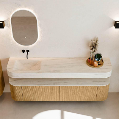 MONDIAZ THOR-DLUX 190cm meuble de salle de bains arrondi gauche + droite couleur Oak avec 2 tiroirs et 2 portes. Vasque suspendue CLOUD gauche sans trou de robinet couleur Meli.