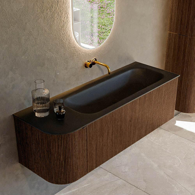 MONDIAZ KURVE 135cm badmeubel met module 25 L kleur Walnut met 1 lade en 1 deur. Wastafel BIG MEDIUM rechts zonder kraangat Urban.