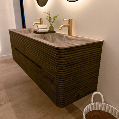Mondiaz CIRO-DLUX Badkamermeubelset - 150x45x50cm - Solid surface wastafel Sombra - 2 wasbak Dubbel - 2 kraangaten - 4 lades - Shadow