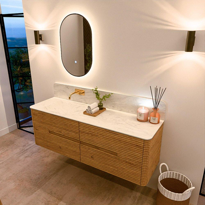 Mondiaz CIRO-DLUX Ensemble de meubles de salle de bains - 150x45x50cm - vasque solid surface Opalo - 1 bassin à gauche - sans trous de robinet - 4 tiroirs - Chêne