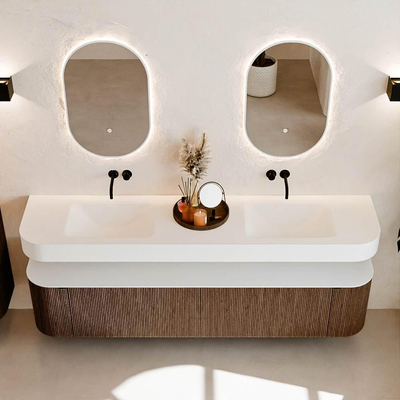 MONDIAZ THOR 200cm meuble de salle de bains arrondi gauche + droite couleur Walnut avec 2 tiroirs et 2 portes. Vasque suspendue CLOUD Double sans trou de robinet couleur Talc.