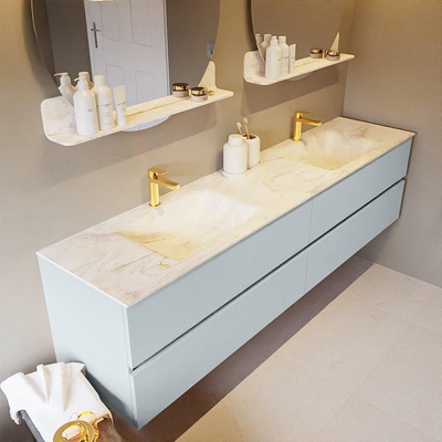 Mondiaz VICA-DLUX ensemble de meuble de salle de bain - 200cm - meuble sous-vasque argile - 4 tiroirs - lavabo encastré nuage double - 2 trous de robinet - version haute de 60cm - ostra