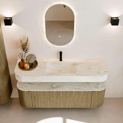 MONDIAZ THOR-DLUX 150cm meuble de salle de bains arrondi gauche + droite couleur Dusk avec 1 tiroir et 2 portes. Vasque suspendue CLOUD Milieu 1 trou de robinet couleur Ostra.