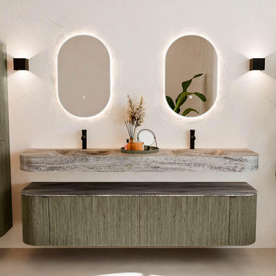 MONDIAZ THOR-DLUX Meuble de salle de bains - 190cm - arrondi gauche + droite - couleur Shadow - 2 tiroirs et 2 portes - Vasque suspendue CLOUD Double 2 trous de robinet - couleur Oza