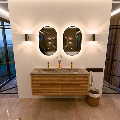 Mondiaz CIRO-DLUX Meuble de salle de bains - 130x45x50cm - Plan-vasque solid surface Sombra - 2 vasques double - 2 trous de robinet - 4 tiroirs - Chêne