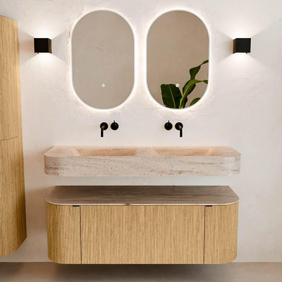 MONDIAZ THOR-DLUX 130cm badmeubel ronding links + rechts kleur Oak met 1 lade en 2 deuren. Vrijhangende wastafel CLOUD Dubbel zonder kraangat kleur Saba.