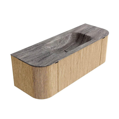 MONDIAZ KURVE-DLUX 130cm badmeubel ronding Links + Rechts kleur Oak met 1 lade en 2 deuren. Wastafel BIG SMALL Midden 1 kraangat Oza.
