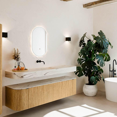 MONDIAZ THOR-DLUX 180cm meuble de salle de bains arrondi gauche + droite couleur Oak avec 2 tiroirs et 2 portes. Vasque suspendue CLOUD Milieu sans trou de robinet couleur Nata.