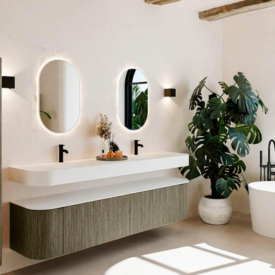 MONDIAZ THOR Meuble de salle de bains 200cm arrondi gauche + droite couleur Shadow avec 2 tiroirs et 2 portes. Vasque suspendue CLOUD Double 2 trous de robinet couleur Talc.