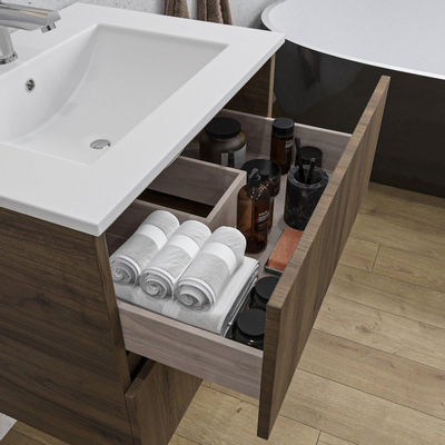 Adema Chaci Ensemble de meuble - 60x46x57cm - 1 vasque en céramique blanche - 1 trou de robinet - 2 tiroirs - armoire de toilette - Noyer