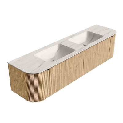 MONDIAZ KURVE-DLUX Meuble de salle de bains 180cm arrondi gauche + droite couleur chêne avec 2 tiroirs et 2 portes. Lavabo LEAF Double 2 trous de robinet Meli.