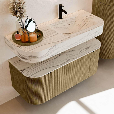 MONDIAZ THOR-DLUX 110cm meuble de salle de bains arrondi gauche + droite couleur Dusk avec 1 tiroir et 2 portes. Vasque suspendue CLOUD Droite 1 trou de robinet couleur Nata.