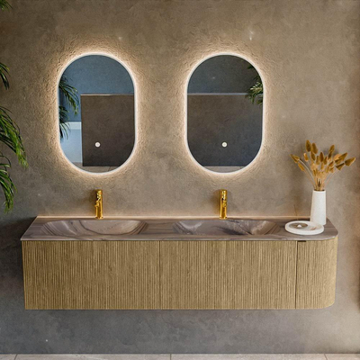 MONDIAZ KURVE-DLUX 175cm badmeubel ronding Rechts kleur Dusk met 2 lades en 1 deur. Wastafel STOR SMALL Dubbel / Links 2 kraangaten Sombra.