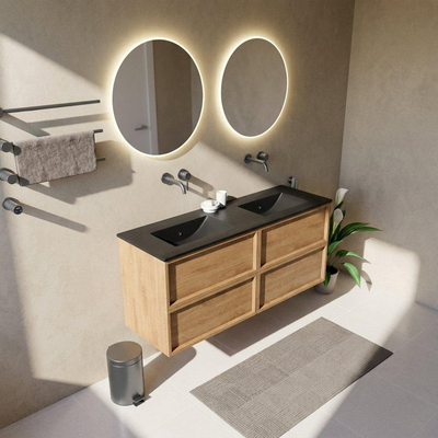 Saniclass Holz Frame Ensemble meuble de salle de bains - 140x45x62cm - lavabo Vygo en céramique noir - 2 vasques - sans trous de robinetterie - 4 tiroirs - chêne natural mat (bois)