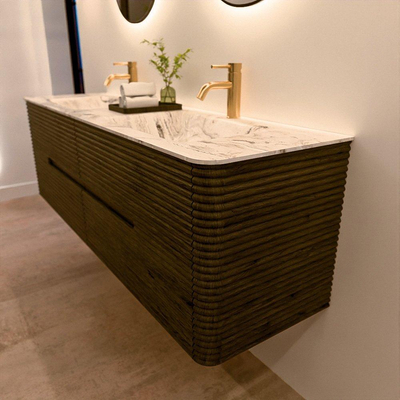 Mondiaz CIRO-DLUX Badkamermeubelset - 160x45x50cm - Solid surface wastafel Glace - 2 wasbak Dubbel - 2 kraangaten - 4 lades - Shadow