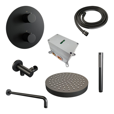 BRAUER Stripe Thermostatische Inbouw Regendouche - 3-weg - rond - SET 38 - 25cm douchekop - gebogen muurarm - staaf handdouche - doucheslang - wandaansluitbocht - mat zwart