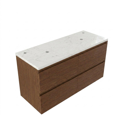 Saniclass Holz Pure Ensemble de meubles de salle de bains - 120x45x63cm - Plan vasque en marbre Dia poli (blanc) - 2 trous de robinet - 4 tiroirs - walnut pure mat (bois)