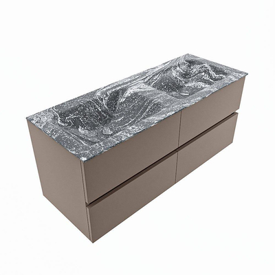 Mondiaz VICA-DLUX Ensemble de meuble de salle de bain - 120cm - meuble sous-vasque fumée - 4 tiroirs - lavabo encastré nuage double - 2 trous de robinet - version haute 60cm - lave