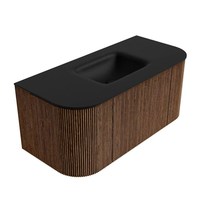 MONDIAZ KURVE 100cm Meuble salle de bain avec module 25 G et D - couleur Walnut - 1 tiroir - 2 portes - vasque GRUNNE centre - sans trous de robinet - Urban