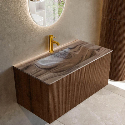 MONDIAZ KURVE-DLUX 90cm badmeubel kleur Walnut met 1 lade en 0 deuren. Wastafel BIG SMALL Midden 1 kraangat Sombra.