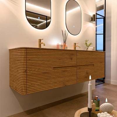 Mondiaz CIRO-DLUX Meuble de salle de bains - 170x45x50cm - Plan vasque solid surface Arena - 2 vasques double - 2 trous de robinetterie - 4 tiroirs - Chêne