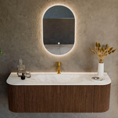 MONDIAZ KURVE-DLUX 140cm badmeubel met module 25 Len R kleur Walnut met 1 lade en 2 deuren. Wastafel BIG SMALL midden 1 kraangat kleur Ostra.