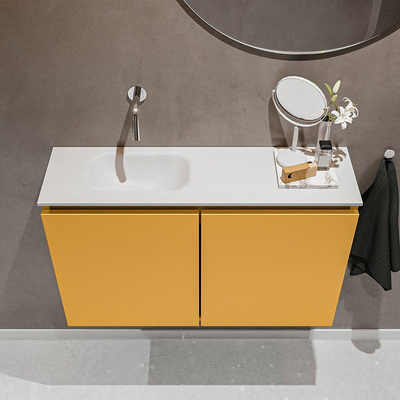 MONDIAZ TURE Toiletmeubel 80x23x50cm met 0 kraangaten 2 deuren ocher mat Wastafel Eden links Solid Surface Wit