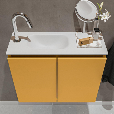 MONDIAZ TURE Toiletmeubel 60x23x50cm met 1 kraangaten 2 deuren ocher mat Wastafel Eden links Solid Surface Wit